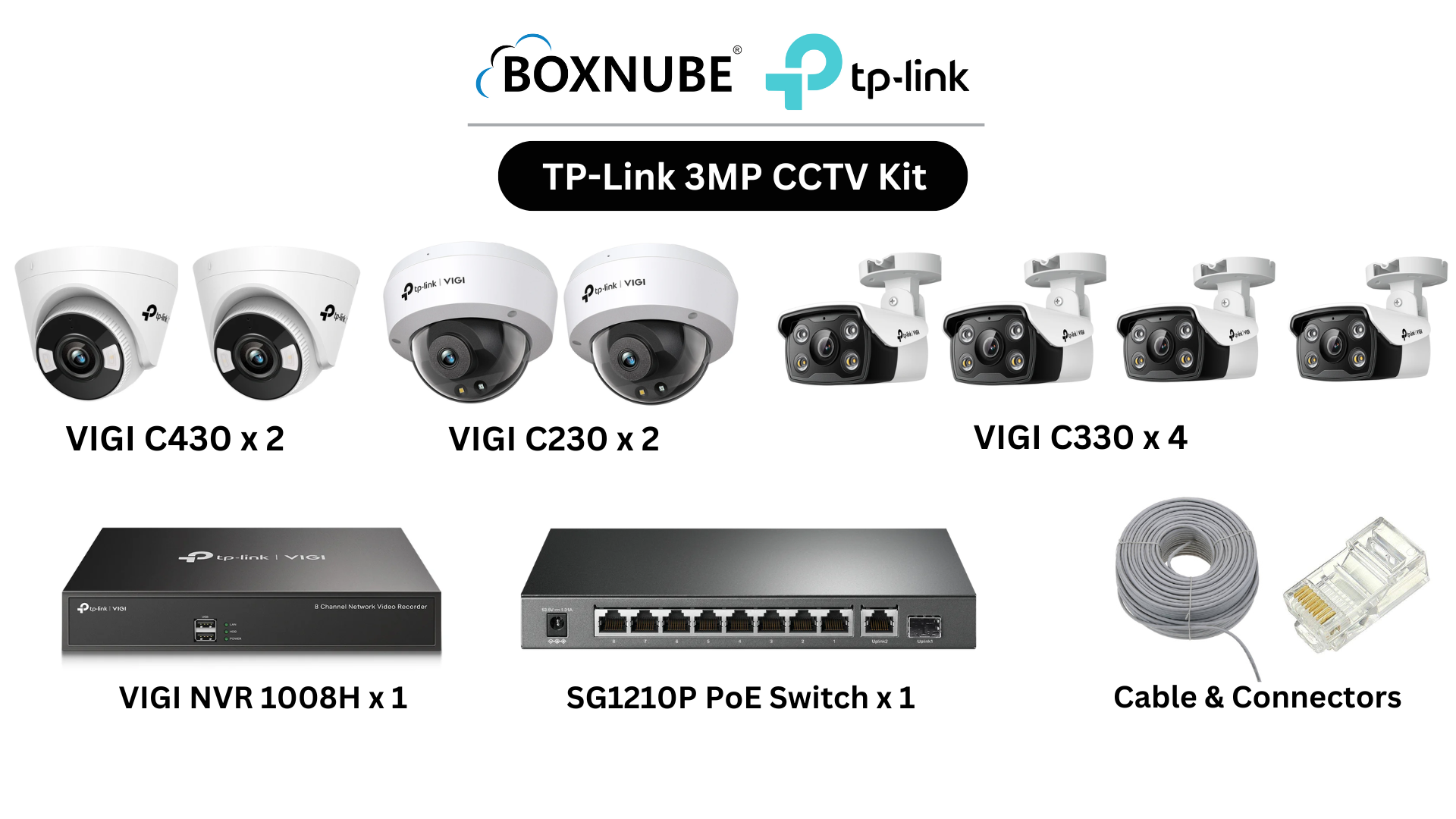 TP-Link VIGI 3MP 8 Camera Kit Bundle 4x C330 Bullet 2x C430 Turret, 2x C230 Dome, 8 Channel NVR, 8 Port Gigabit PoE Switch, 100M CAT6 Cable, RJ45 Plug TP-Link VIGI 3MP 8 Camera Kit Bundle 4x C330 Bullet 2x C430 Turret, 2x C230 Dome, 8 Channel NVR, 8 Port Gigabit PoE Switch, 100M CAT6 Cable, RJ45 Plug